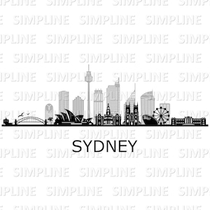 May include: Black and white silhouette of the Sydney skyline, including the Sydney Opera House, the Sydney Harbour Bridge, and the Sydney Tower. The text "SYDNEY" is below the skyline.