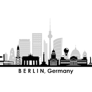 May include: Black and white silhouette of the Berlin skyline, including the Brandenburg Gate, the Berlin Cathedral, and the Fernsehturm. The text "BERLIN, Germany" is below the skyline.