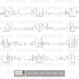 Puede incluir: Un dibujo lineal en blanco y negro de los horizontes de varias ciudades alemanas, como Berlín, Múnich y Hamburgo. También incluye el texto "HAND MADE in Germany" y opciones de tipo de archivo.
