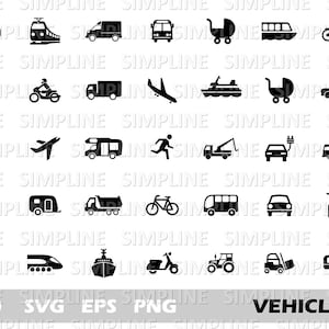 May include: A set of black and white vehicle icons, such as cars, trains, buses, and bicycles. The word "VEHICLES" is displayed at the bottom. The image also includes the text "35 SVG EPS PNG".