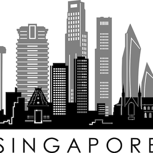 Op de afbeelding: Een zwart-wit afbeelding van de skyline van Singapore, met herkenbare gebouwen zoals de Marina Bay Sands en een reuzenrad. De tekst "SINGAPORE" staat in een schreefloze lettertype onder de skyline.