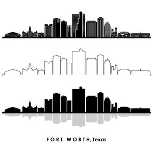 Puede incluir: Silueta de horizonte de Fort Worth, Texas, en blanco y negro. El horizonte se muestra en tres estilos diferentes: un horizonte detallado, un horizonte simplificado y un horizonte con reflejo.