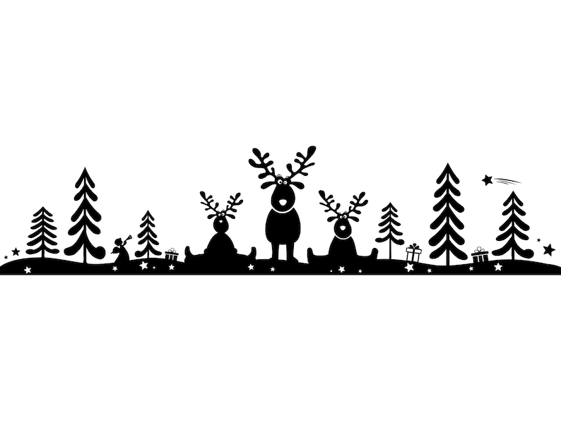 Puede incluir: Silueta en blanco y negro de una escena navide&ntilde;a con renos, &aacute;rboles y estrellas. Los renos est&aacute;n de pie y sentados en un paisaje nevado.