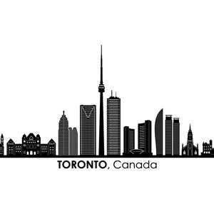 Puede incluir: Silueta en blanco y negro del horizonte de Toronto, con la Torre CN y otros rascacielos. El texto "TORONTO, Canada" está debajo del horizonte.