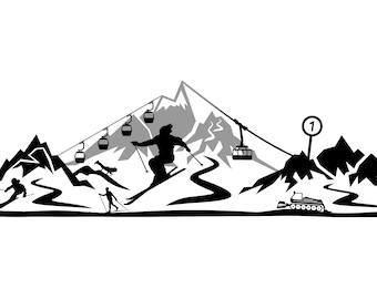 May include: Black and white illustration of a ski resort with skiers, ski lifts, and a snow groomer. The illustration features a mountain range with a ski run and a sign with the number "1" on it.