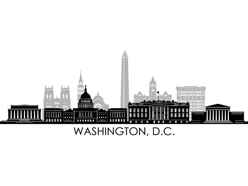 以下が含まれることがあります： ワシントンD.C.のスカイラインの白黒シルエット。ワシントン記念塔、議会議事堂、ホワイトハウスなど、象徴的なランドマークが描かれています。