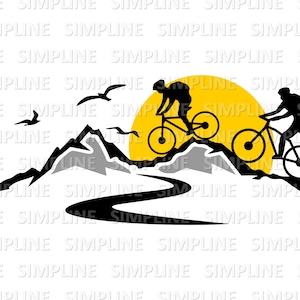 May include: Silhouette of two people mountain biking up a mountain path with a yellow sun in the background.