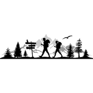 RANDONNÉE EN FORÊT EN MONTAGNE Contour Silhouette Vector Graphic svg eps jpg png