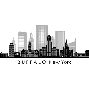 Peut inclure: Silhouette noire et blanche de l'horizon de Buffalo, New York. L'horizon présente plusieurs bâtiments hauts, dont une église avec un haut clocher.