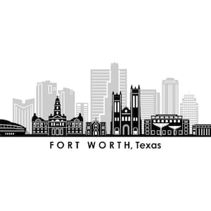 Puede incluir: Silueta de la ciudad de Fort Worth, Texas, en blanco y negro. El horizonte incluye los Jardines de Agua de Fort Worth, el Palacio de Justicia del Condado de Tarrant y el Centro Conmemorativo Will Rogers.