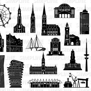 May include: A monochrome illustration showcasing Hamburg's landmarks. The image includes a Ferris wheel, churches, skyscrapers, bridges, and other architectural structures. The word "HAMBURG" is vertically displayed.