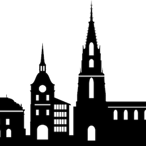 Könnte beinhalten: Schwarz-weiße Silhouette einer Skyline mit hohen Gebäuden und einem Kirchturm.
