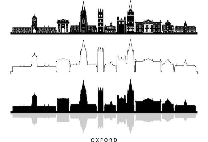 Puede incluir: Silueta de horizonte de Oxford, Inglaterra, en blanco y negro. El horizonte presenta varios edificios prominentes, incluida la Radcliffe Camera, el Sheldonian Theatre y la Iglesia Universitaria de Santa Mar&iacute;a la Virgen.