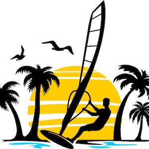 May include: Silhouette of a person windsurfing in front of a yellow sunset with palm trees on either side.