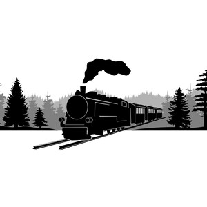 May include: A black silhouette of a steam train traveling through a forest. The train is made up of a locomotive and several passenger cars. The train is emitting smoke from its chimney.