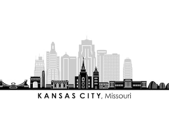 May include: Black and white silhouette of the Kansas City, Missouri skyline. The skyline features several tall buildings, including the Country Club Plaza, the Power & Light District, and the Sprint Centre.