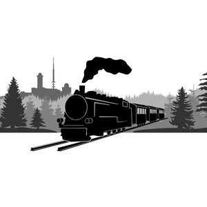 May include: A black and white silhouette of a steam train traveling through a forest. The train is made up of a locomotive and several passenger cars. The train is emitting smoke from its chimney.