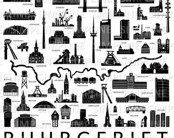 RUHRGEBIET Deutschland NRW SKYLINE Stadt Umriss Silhouette Vektor Grafik svg eps dxf pdf png