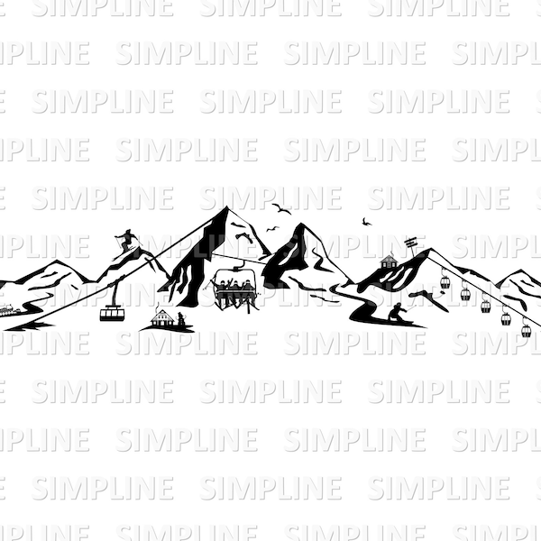 MOUNTAINS SKI WINTER Skyline Silhouette Vector svg eps png