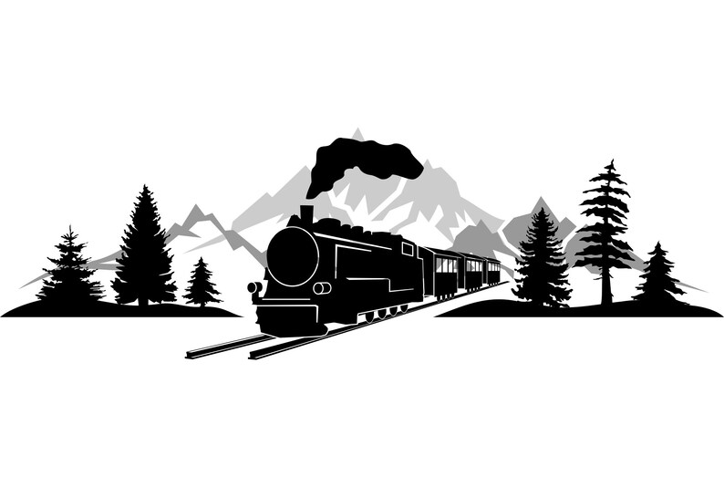 May include: A black silhouette of a steam train traveling through a mountain landscape. The train is made up of a locomotive and several passenger cars. The mountains are in the background, and there are trees on either side of the train.