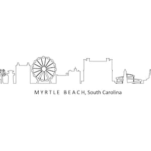 May include: A line drawing of the Myrtle Beach, South Carolina skyline, featuring a Ferris wheel, palm trees, and buildings.