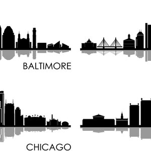 Baltimore Chicago Boston Philadelphia City SKYLINE SET Outline Silhouette Vector svg eps jpg png