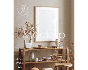 May include: A framed mockup with a white background, a wooden shelf with a vase, bowls, and a wicker basket, and a wooden chair with a woven seat.