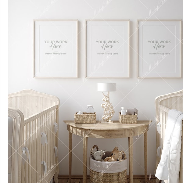 Mock up frame in children room with natural wooden furniture, Farmhouse style interior background, Minimalist mockup