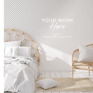 May include: A white bed with a woven headboard and white bedding. A wicker chair with a white pillow sits on a beige rug in front of a white wall with the text "YOUR WORK Here Interior Mockup Store".