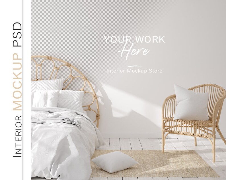 May include: A white bed with a woven headboard and white bedding. A wicker chair with a white pillow sits on a beige rug in front of a white wall with the text "YOUR WORK Here Interior Mockup Store".