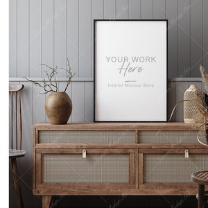 Mock up frame in room with natural wooden furniture, Farmhouse style interior background, Minimalist mockup