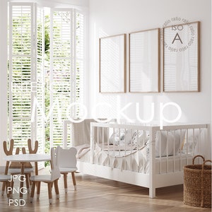 A (ISO) ratio frame mockup, 3 wooden frame mockup, nursery kids room mockup, frame mockup in home interior, poster Mockup, mockup Poster