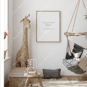 Mock up frame in children room with natural wooden furniture, Farmhouse style interior background, Minimalist mockup