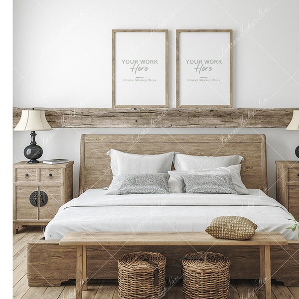 Mockup frame in farmhouse bedroom, Frame mockup, Poster Mockup, Mockup in interior, Mockup Poster, Mockup, Mock, Minimalist mockup