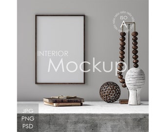 A (ISO) frame mockup, wooden frame mockup, frame mockup in home interior, poster Mockup, minimalist close up mockup