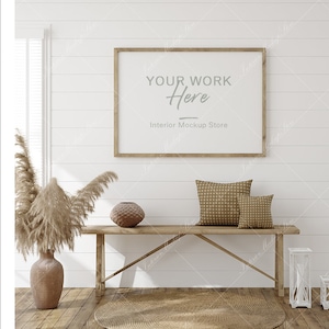 Mock up frame in room with natural wooden furniture, Farmhouse style interior background, Minimalist mockup