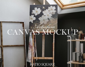 Square canvas mockup, minimalistic mockup, canvas mockup, painting mockup in artist room interior, digital frame mockup for prints