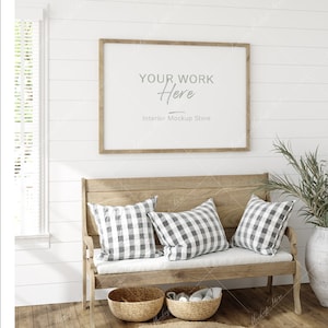 Mock up frame in room with natural wooden furniture, Farmhouse style interior background, Minimalist mockup