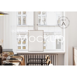 ISO A frame mockup, thin metalic vertical frame mockup, Scandinavian kitchen interior, mockup for printable poster, digital frame mockup