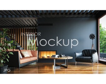 May include: A living room interior design mockup with a fireplace, a leather armchair, a sofa, a coffee table, and a wooden floor. The text "Interior Mockup" is displayed on the wall.