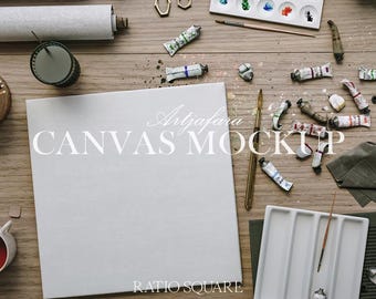 Square canvas mockup in artist studio interior, minimalistic mockup, oil canvas mockup, painting mockup, digital frame mockup for prints