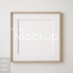 May include: A simple wooden frame mockup with a white mat and a white background. The text "FRAME Mockup" is visible in the center of the frame.