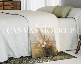 Square canvas mockup in bedroom interior, minimalistic mockup, canvas mockup, painting canvas mockup, oil canvas mockup