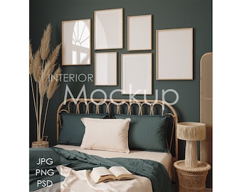 May include: A bedroom interior mockup with a bed featuring a green headboard, green bedding, and a white throw pillow. There are five framed pictures on the wall behind the bed, and a wicker lamp on a side table.