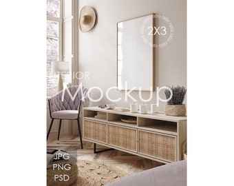 May include: A light wood console table with two wicker drawers and a shelf. The table is decorated with three white candles and a small wicker basket with lavender flowers. A large mirror hangs on the wall behind the table. The text "INTERIOR MOCKUP" is visible in the image.