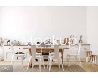 May include: A white kitchen with a wooden table and six white chairs. The table is set with a vase of flowers and a plate of food. The kitchen has white cabinets and a white countertop. The walls are white and there is a window in the background.