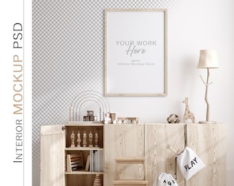Wall and frame mockup in children room with natural wooden furniture, Scandinavian style interior background, Minimalist mockup