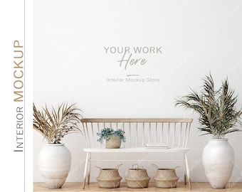 Empty Wall mockup, Minimalist mockup, Coastal Boho Living room  mockup, Interior frame, wall mockup