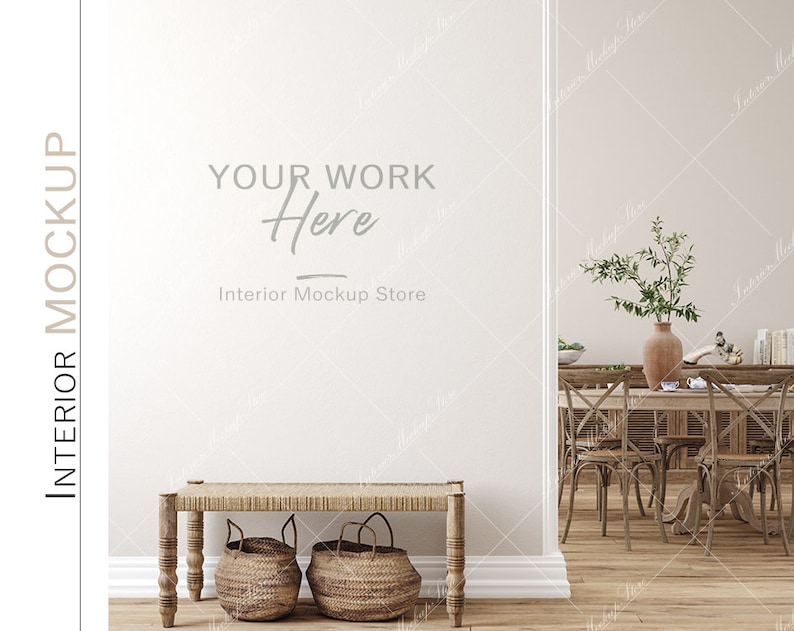 May include: A white wall with the text "YOUR WORK Here Interior Mockup Store" in a light gray font. A wooden bench with a woven seat sits in front of the wall. Two woven baskets are on the floor in front of the bench. A dining room with a wooden table and chairs is visible in the background.