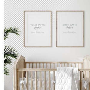 Wall mockup, Mock up frame in children room with natural wooden furniture, Farmhouse style interior background, Minimalist mockup